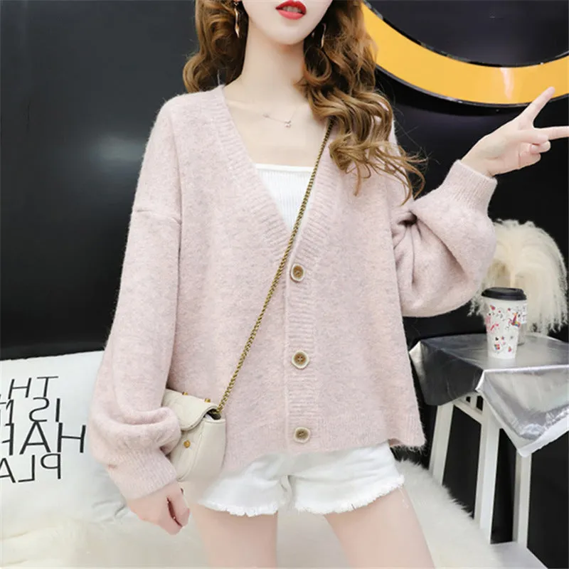 Cardigan Women Short Petite Sweater Loose V-Neck Single-Breasted Lazy Outerwear