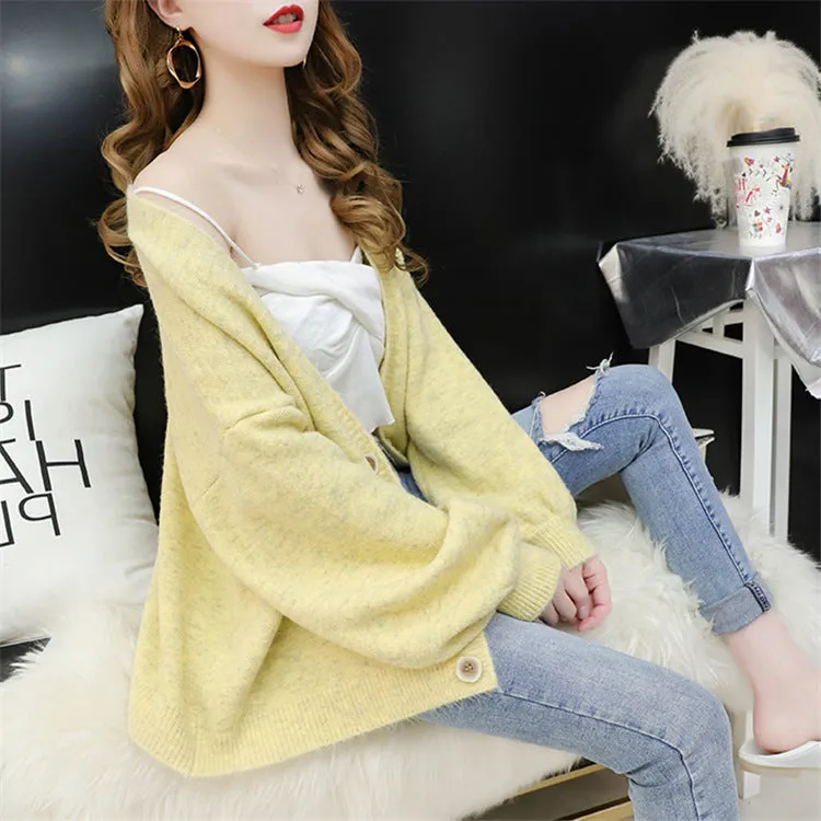 Cardigan Women Short Petite Sweater Loose V-Neck Single-Breasted Lazy Outerwear