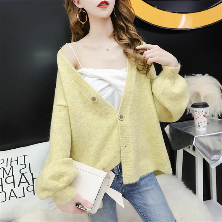Cardigan Women Short Petite Sweater Loose V-Neck Single-Breasted Lazy Outerwear