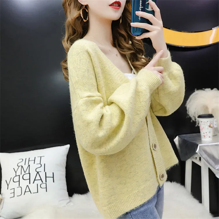 Cardigan Women Short Petite Sweater Loose V-Neck Single-Breasted Lazy Outerwear