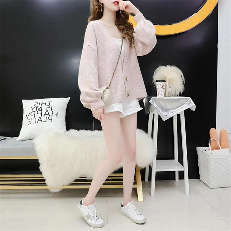 Cardigan Women Short Petite Sweater Loose V-Neck Single-Breasted Lazy Outerwear