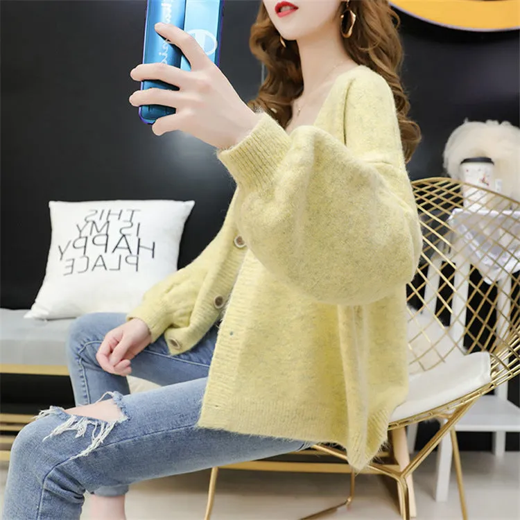Cardigan Women Short Petite Sweater Loose V-Neck Single-Breasted Lazy Outerwear