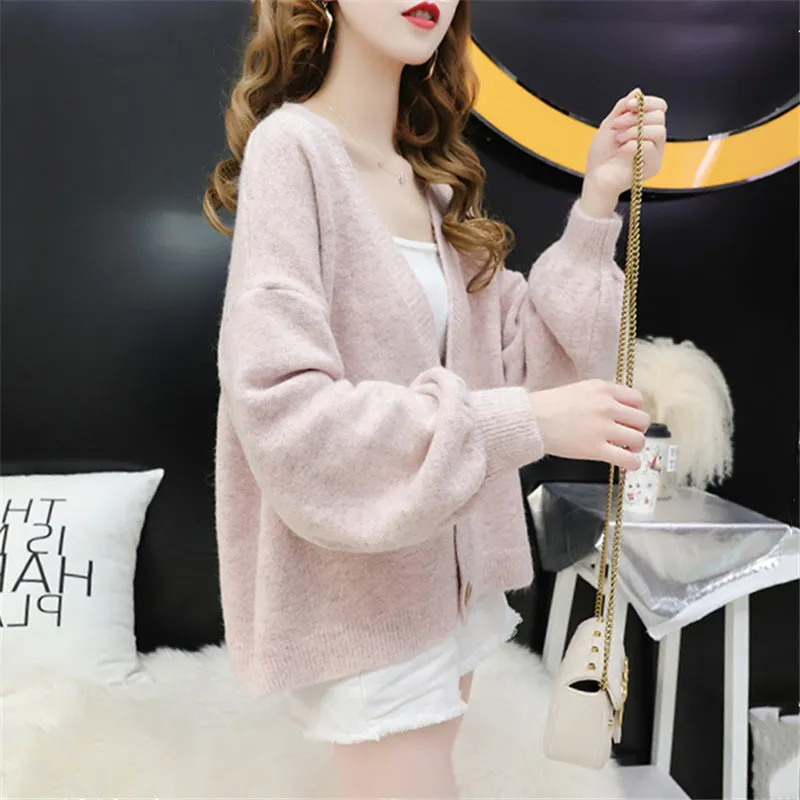 Cardigan Women Short Petite Sweater Loose V-Neck Single-Breasted Lazy Outerwear