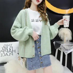 Cardigan Women Short Petite Sweater Loose V-Neck Single-Breasted Lazy Outerwear