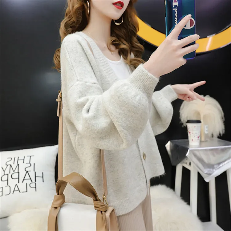 Cardigan Women Short Petite Sweater Loose V-Neck Single-Breasted Lazy Outerwear