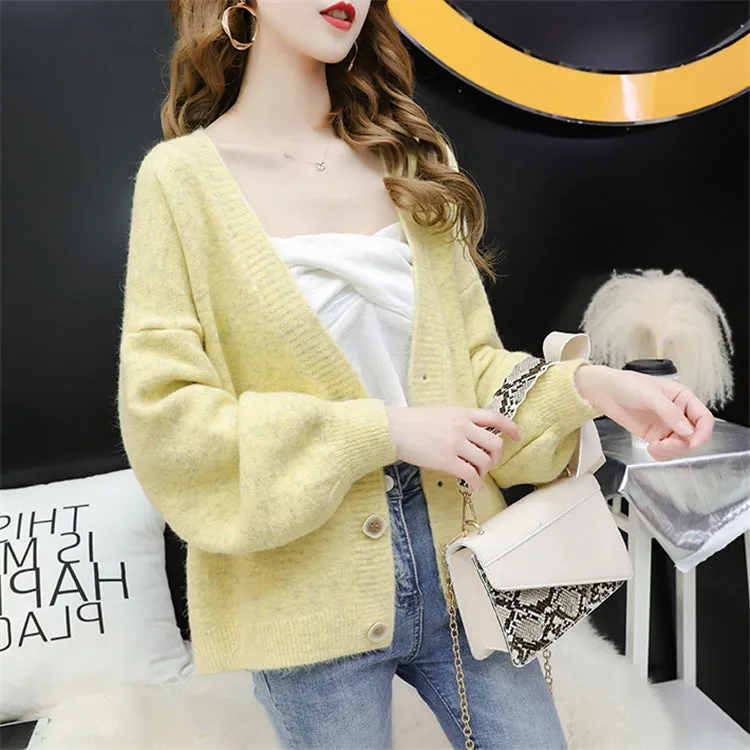 Cardigan Women Short Petite Sweater Loose V-Neck Single-Breasted Lazy Outerwear