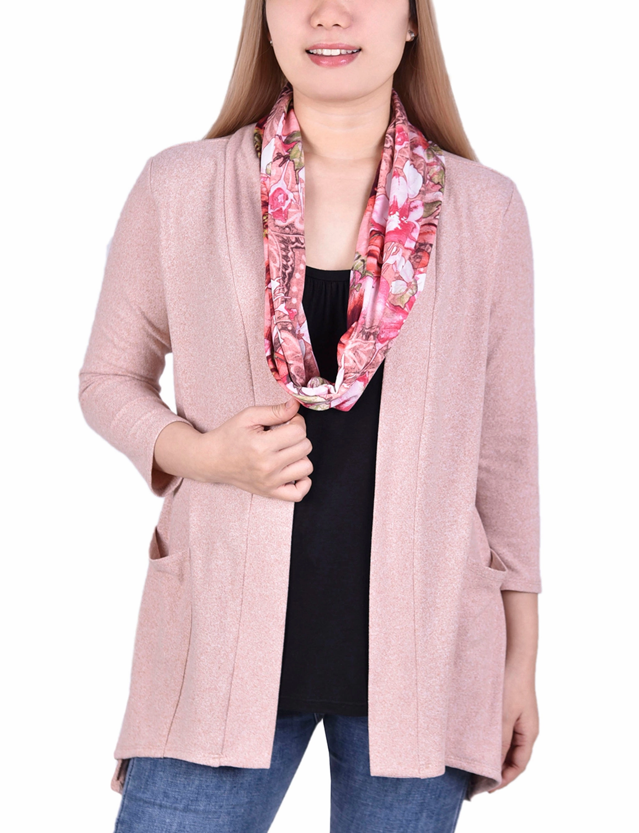 Rolled Hem Detailing Cardigan With Inset And Detachable Printed Scarf