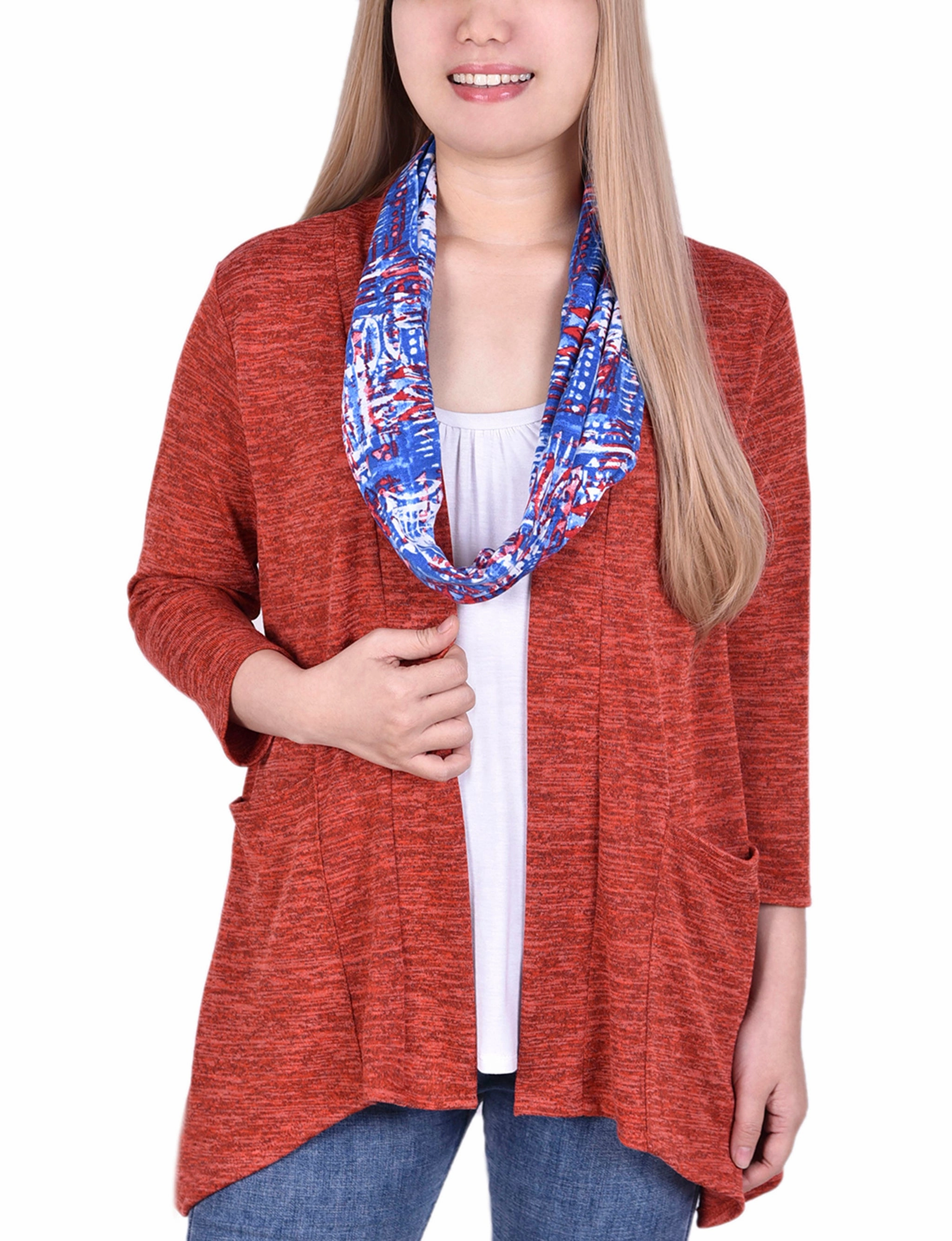 Cardigan With Inset And Detachable Printed Scarf Hidden Pocket Design PreShrunkFabric