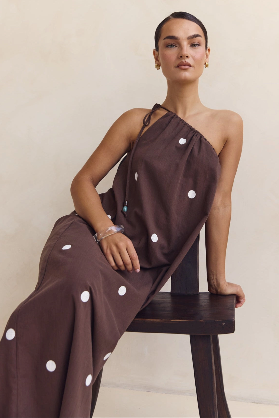 Cassian Maxi Dress (Chocolate) Silky Drape Shirred-Detail
