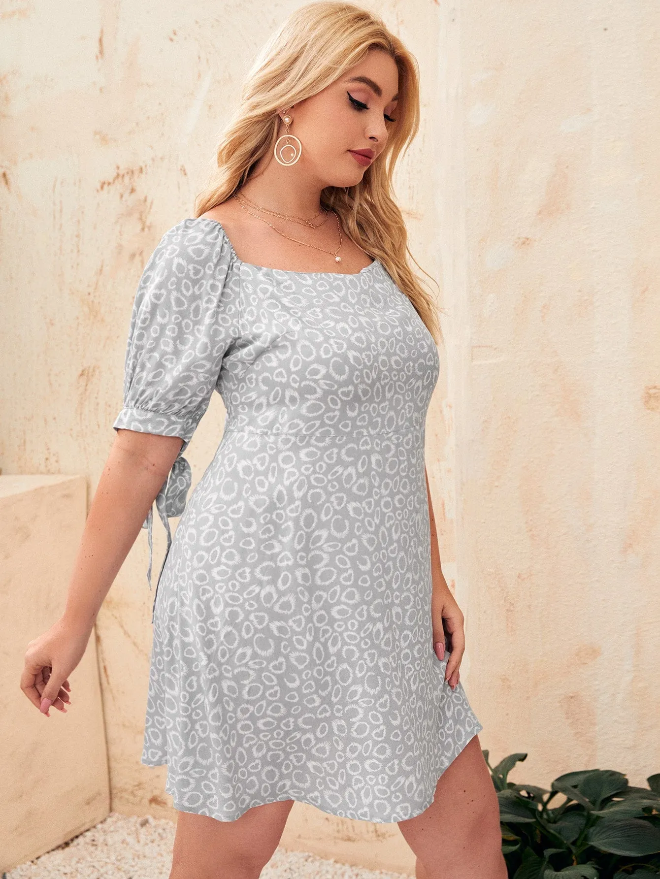 Casual All Over Print Knot Short Sleeve Square Neck Flared High Waist Short Plus Size Dress