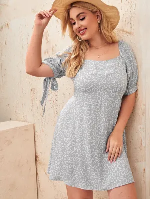 Casual All Over Print Knot Short Sleeve Square Neck Flared High Waist Short Plus Size Dress