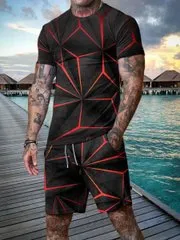 Casual Black and Red Geometric Print Round Collar Suit