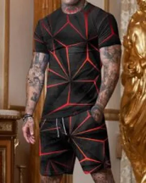 Casual Black and Red Geometric Print Round Collar Suit