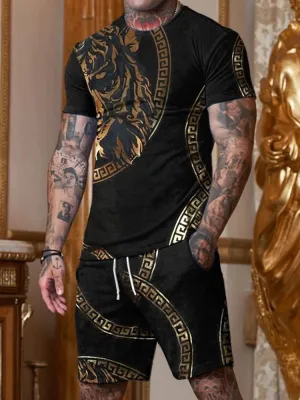 Casual Black Lion Print Collar Suit