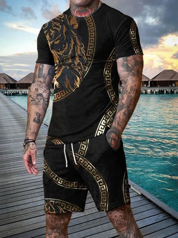 Casual Black Lion Print Collar Suit