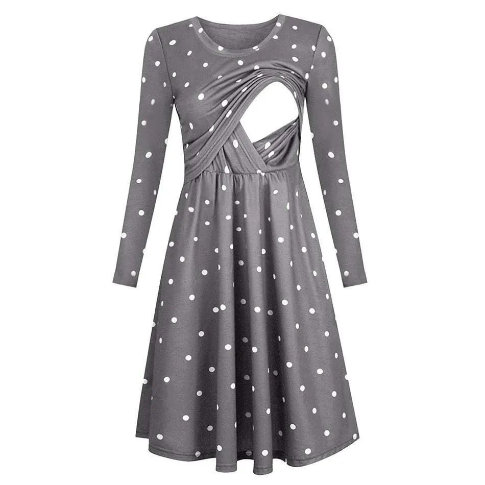 Casual Dotted Long-sleeve Nursing Dress