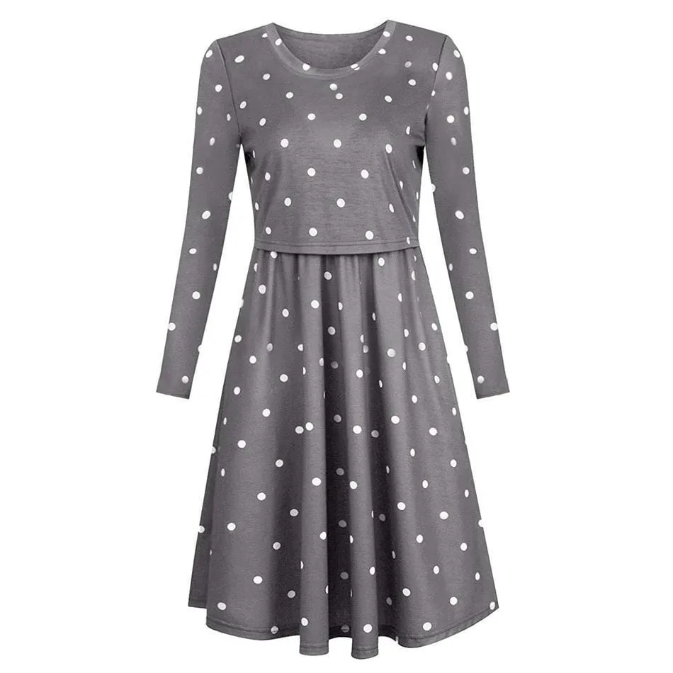 Casual Dotted Long-sleeve Nursing Dress