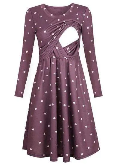 Casual Dotted Long-sleeve Nursing Dress