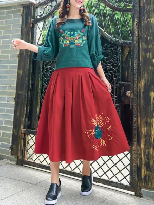 Casual Embroidery Elastic Waist A-Line Skirts