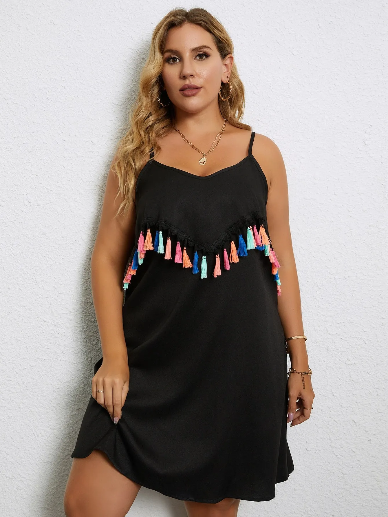 Casual Fringe Sleeveless Spaghetti Strap Straight Short Plus Size Dress