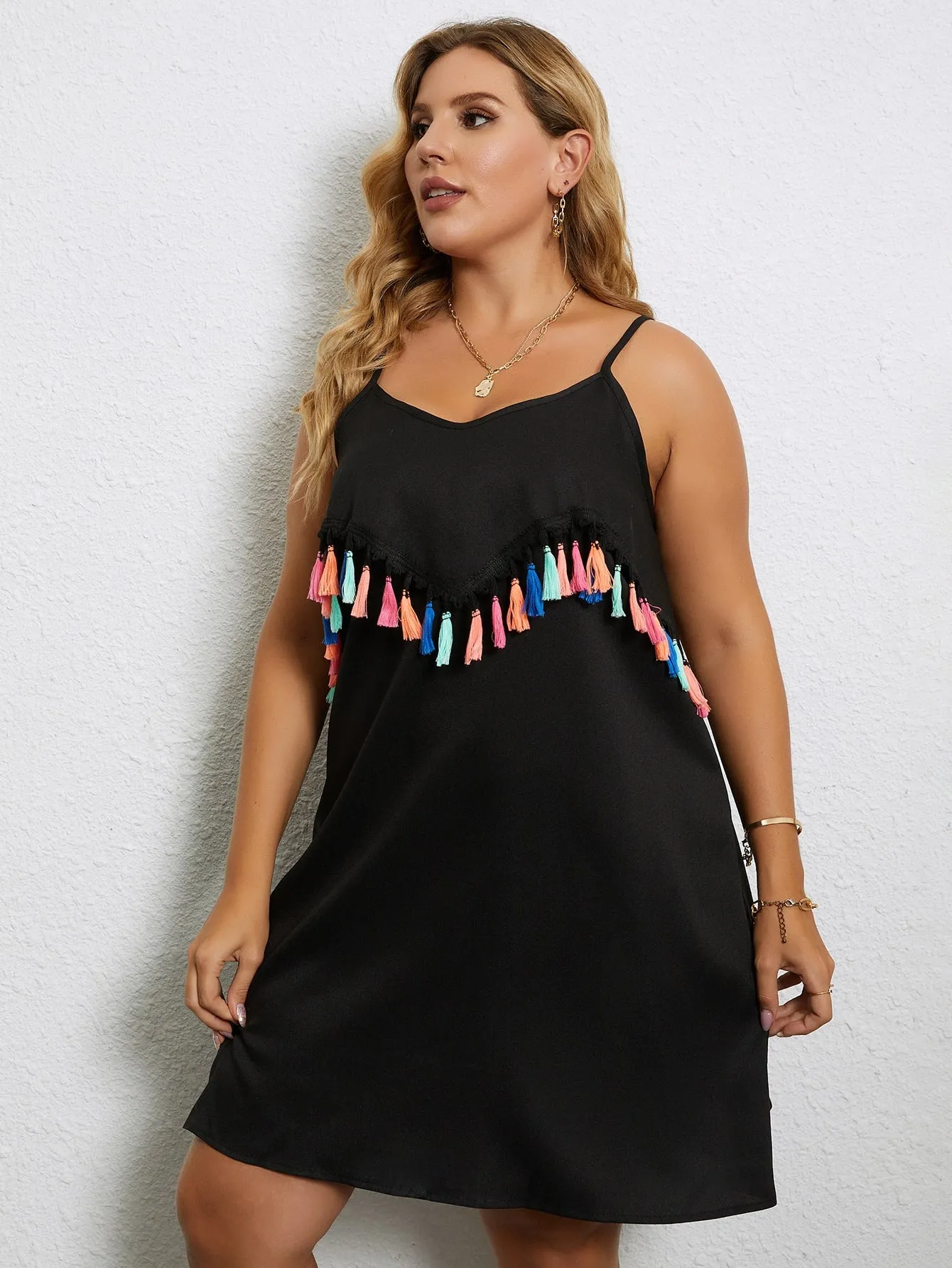 Casual Fringe Sleeveless Spaghetti Strap Straight Short Plus Size Dress