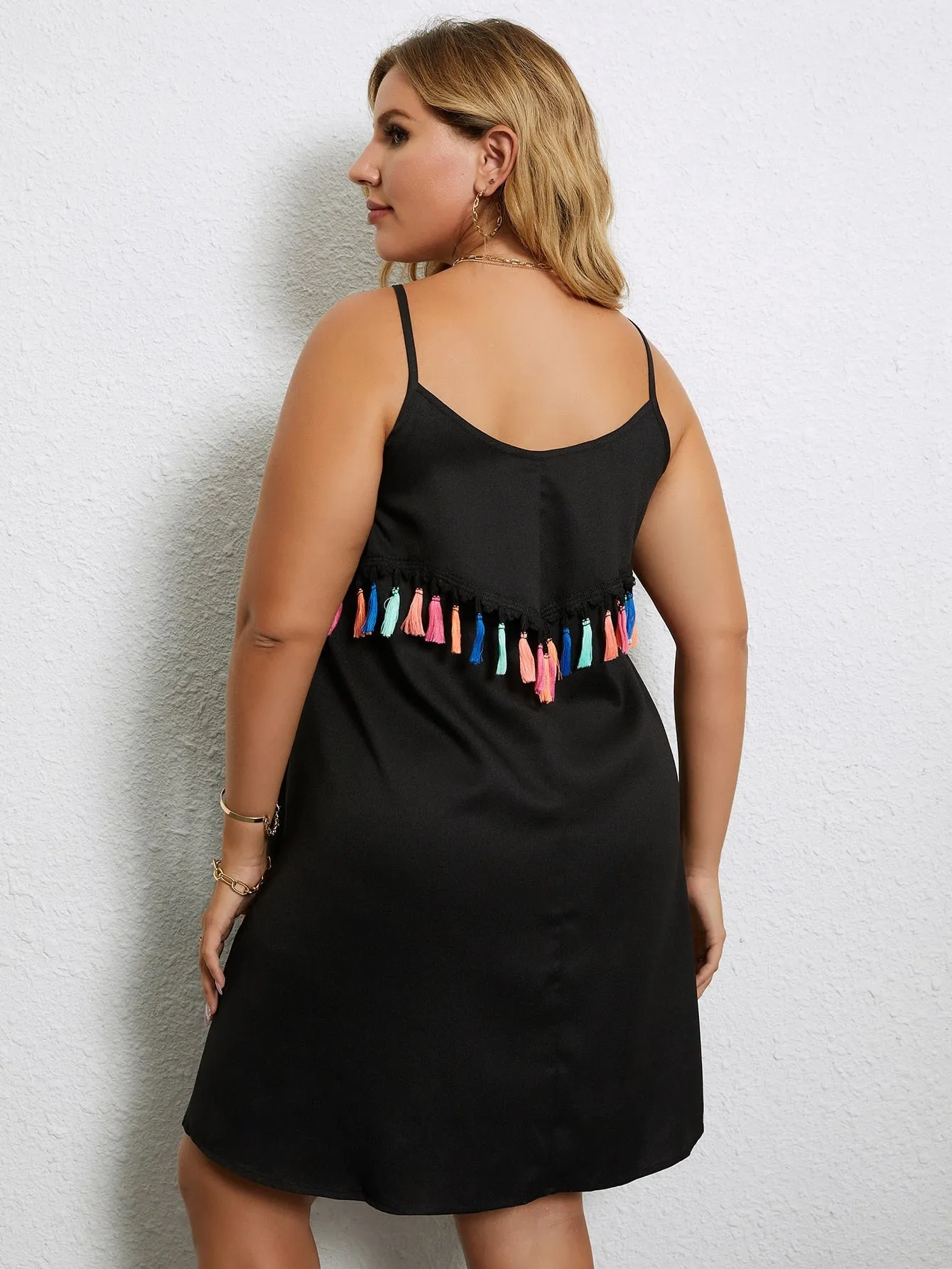 Casual Fringe Sleeveless Spaghetti Strap Straight Short Plus Size Dress