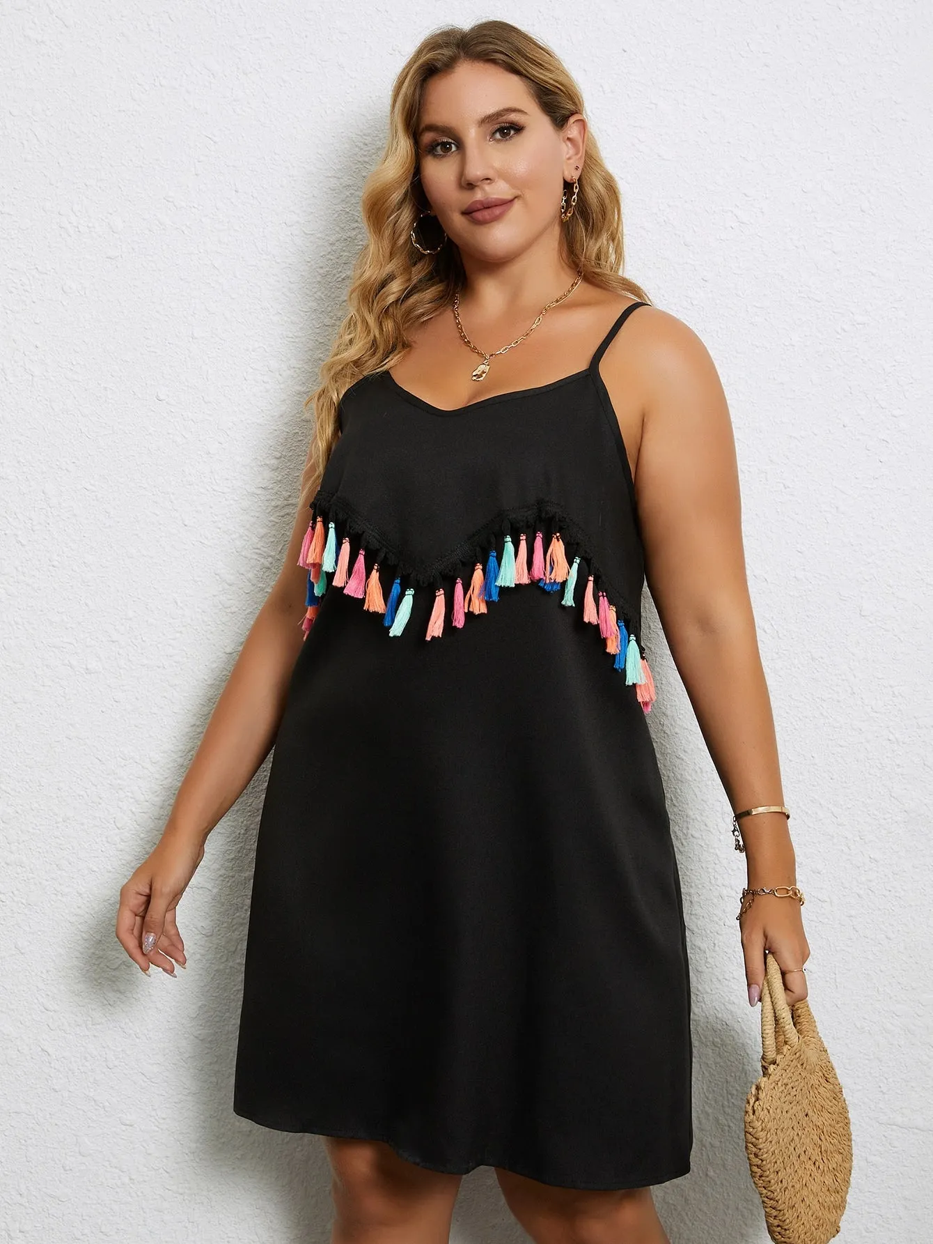 Casual Fringe Sleeveless Spaghetti Strap Straight Short Plus Size Dress