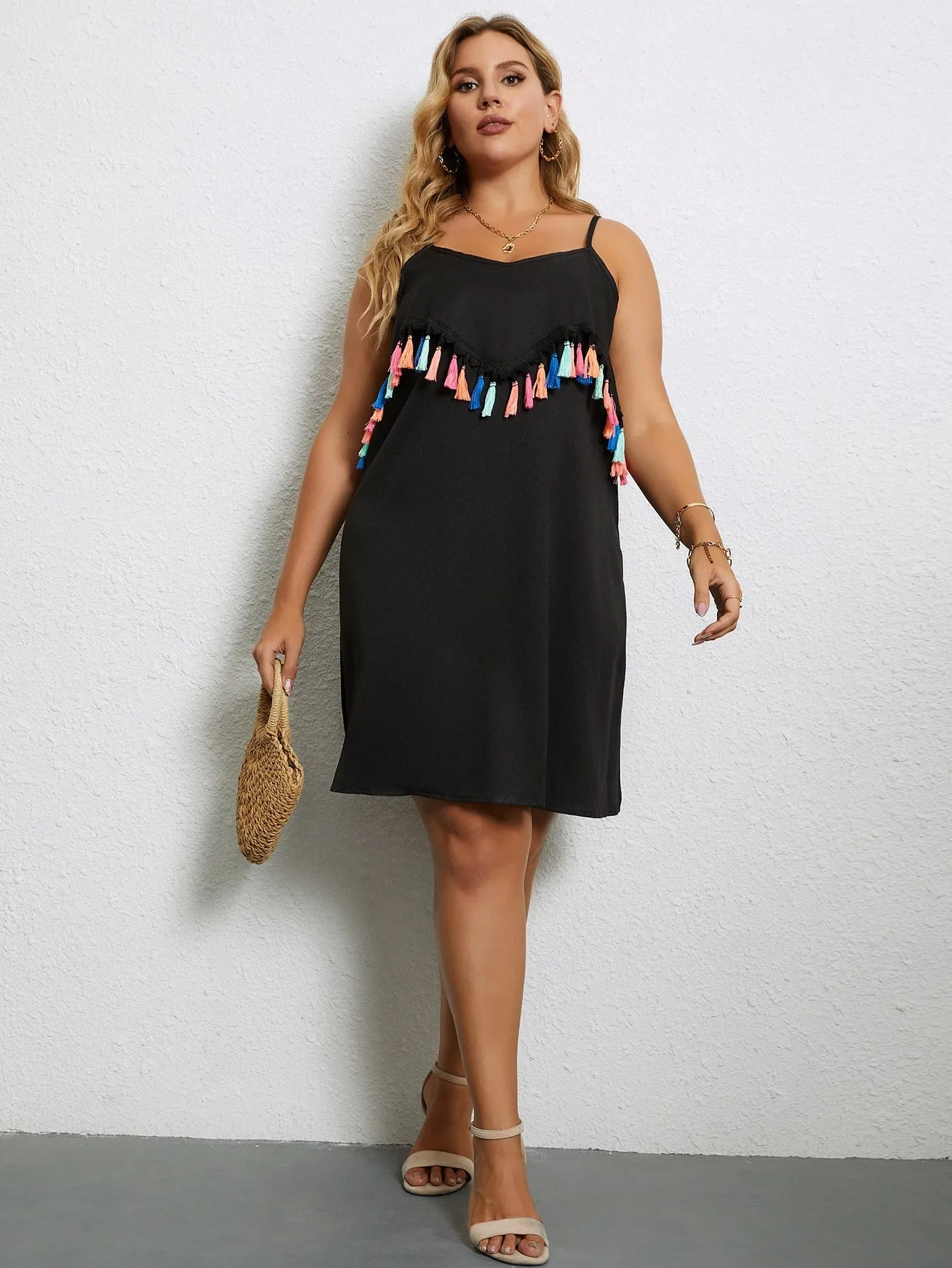 Casual Fringe Sleeveless Spaghetti Strap Straight Short Plus Size Dress