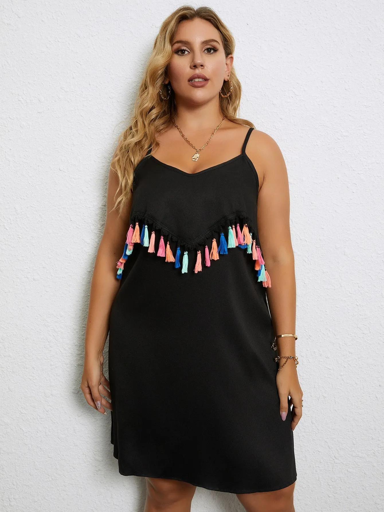 Casual Fringe Sleeveless Spaghetti Strap Straight Short Plus Size Dress