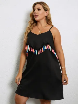 Casual Fringe Sleeveless Spaghetti Strap Straight Short Plus Size Dress