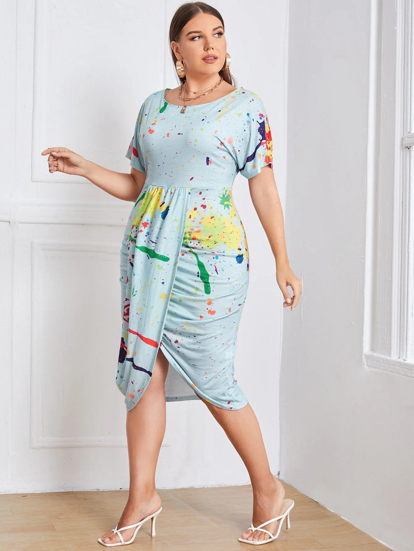 Casual Graphic Split Short Sleeve Round Neck Asymmetrical High Waist Midi Plus Size Dress