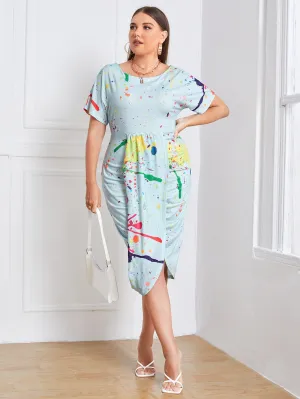 Casual Graphic Split Short Sleeve Round Neck Asymmetrical High Waist Midi Plus Size Dress