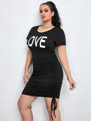 Casual Letter Ruched Short Sleeve Scoop Neck Pencil High Waist Short Plus Size Dress