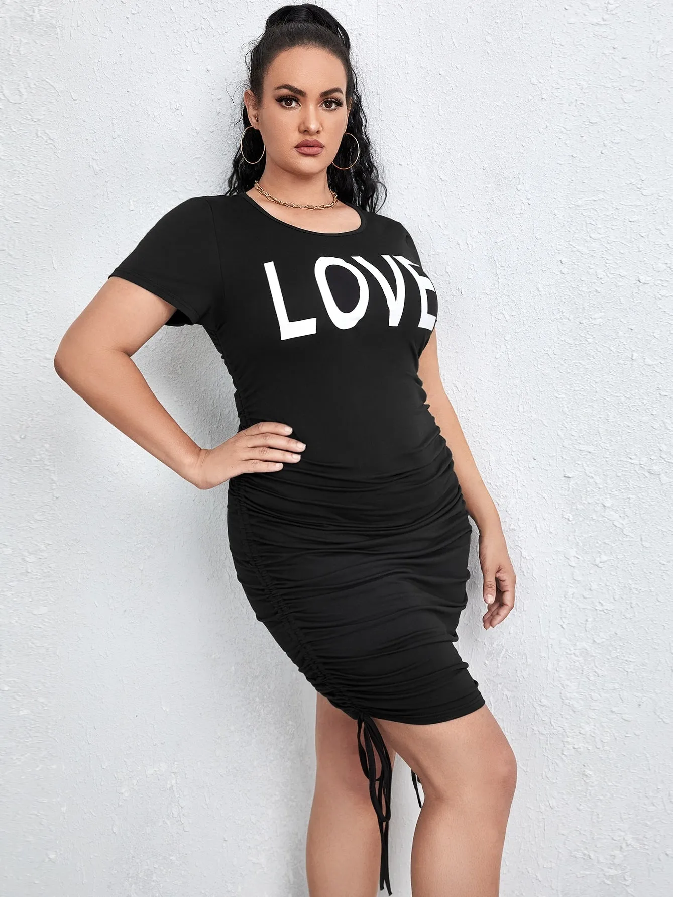 Casual Letter Ruched Short Sleeve Scoop Neck Pencil High Waist Short Plus Size Dress