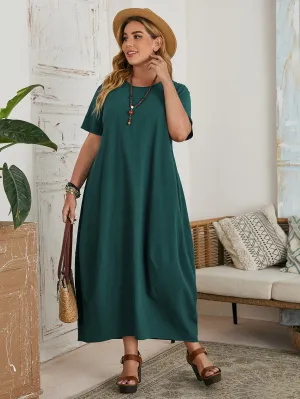 Casual Plain Short Sleeve Round Neck Straight Natural Long Plus Size Dress