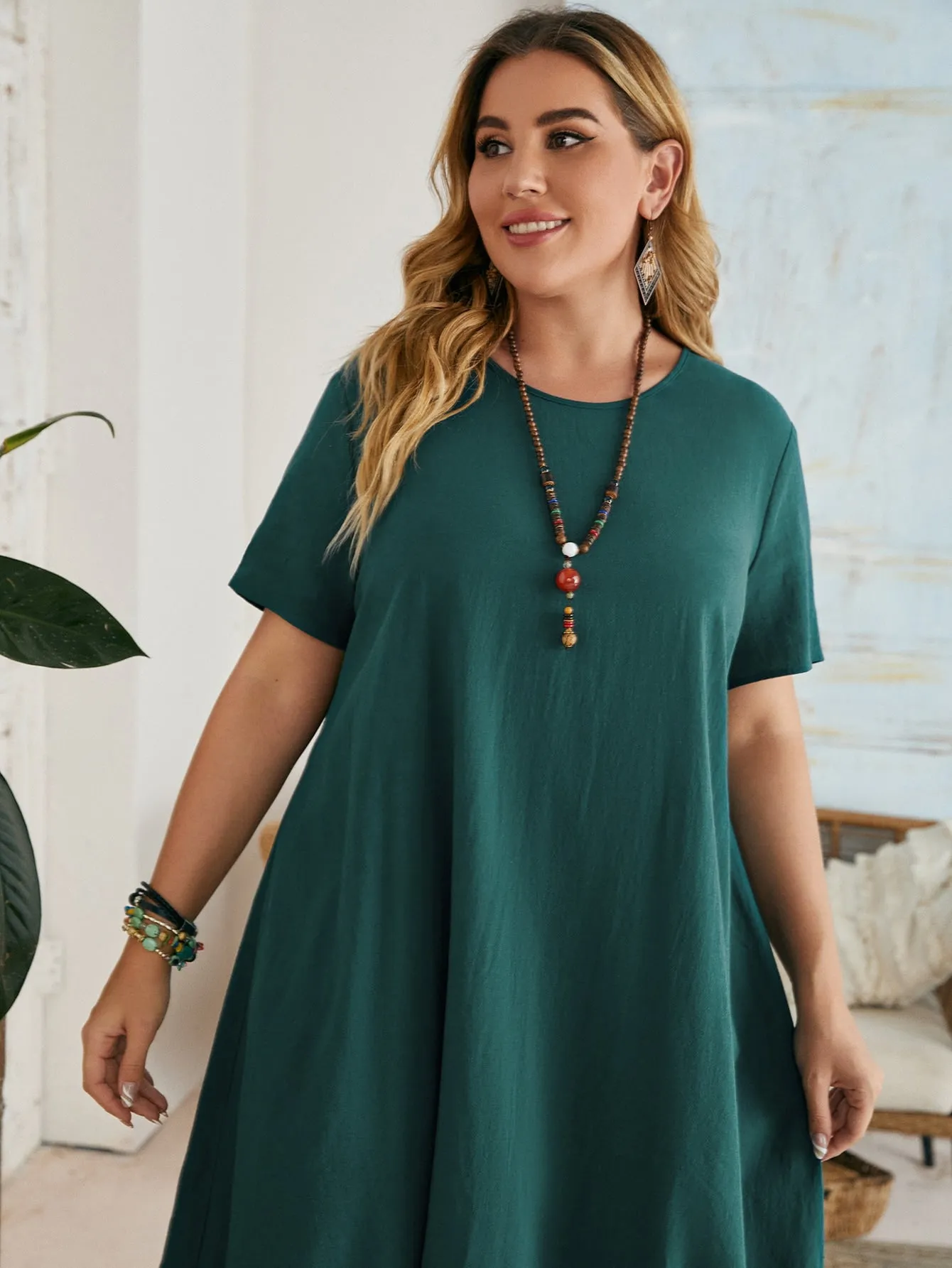 Casual Plain Short Sleeve Round Neck Straight Natural Long Plus Size Dress