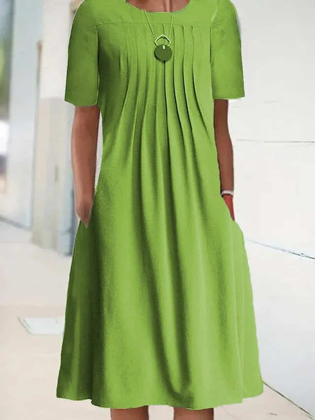 Casual Shift Short Sleeve Pure Color Loose Fit Midi Dress