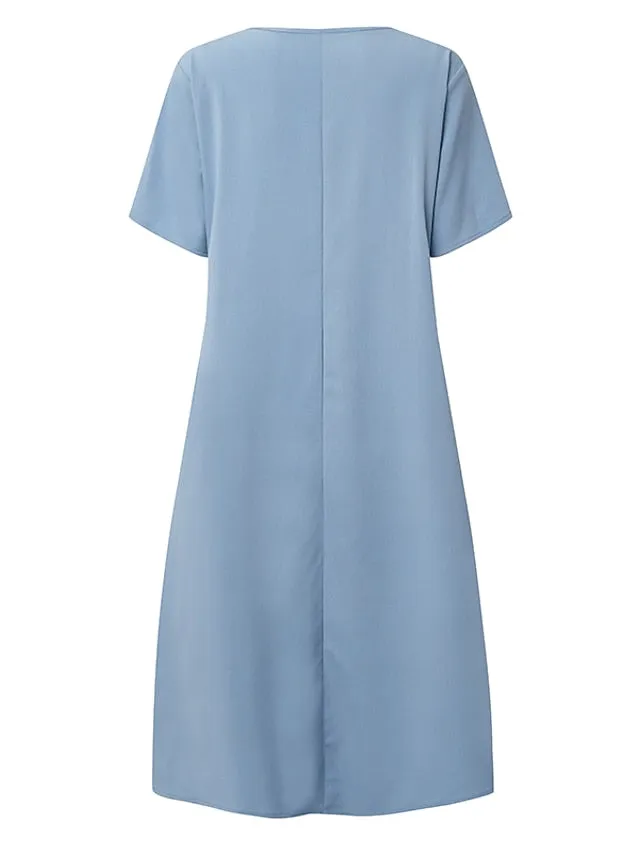 Casual Shift Short Sleeve Pure Color Loose Fit Midi Dress