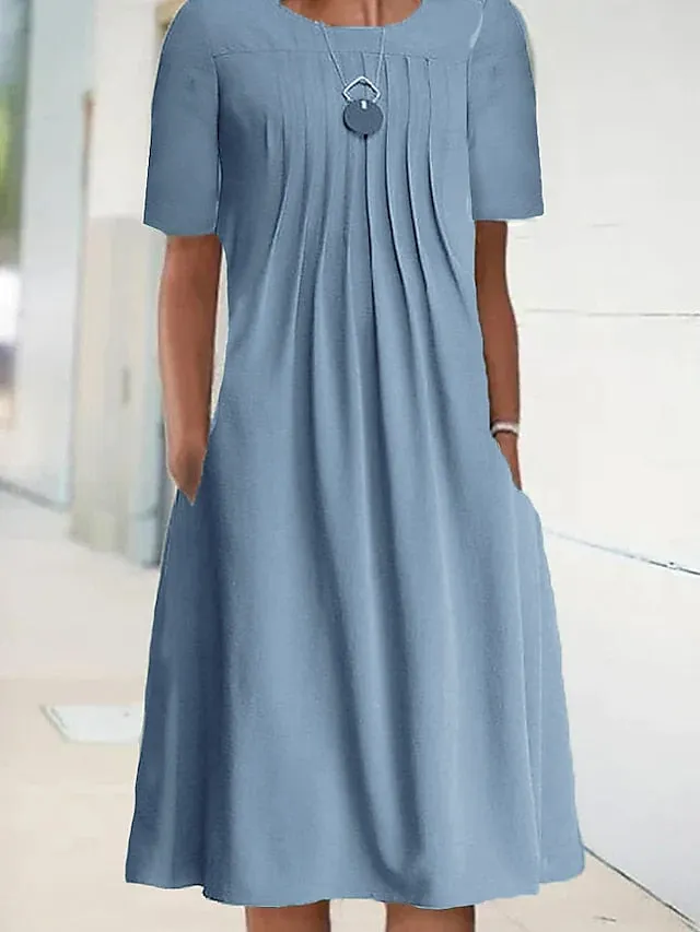 Casual Shift Short Sleeve Pure Color Loose Fit Midi Dress