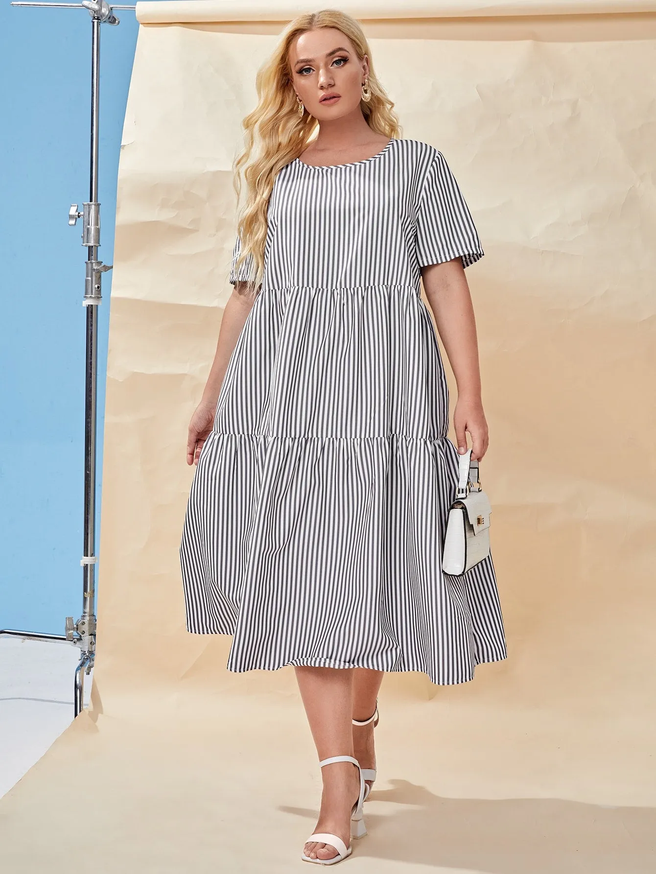 Casual Striped Ruffle Hem Short Sleeve Round Neck Flounce High Waist Long Plus Size Dress