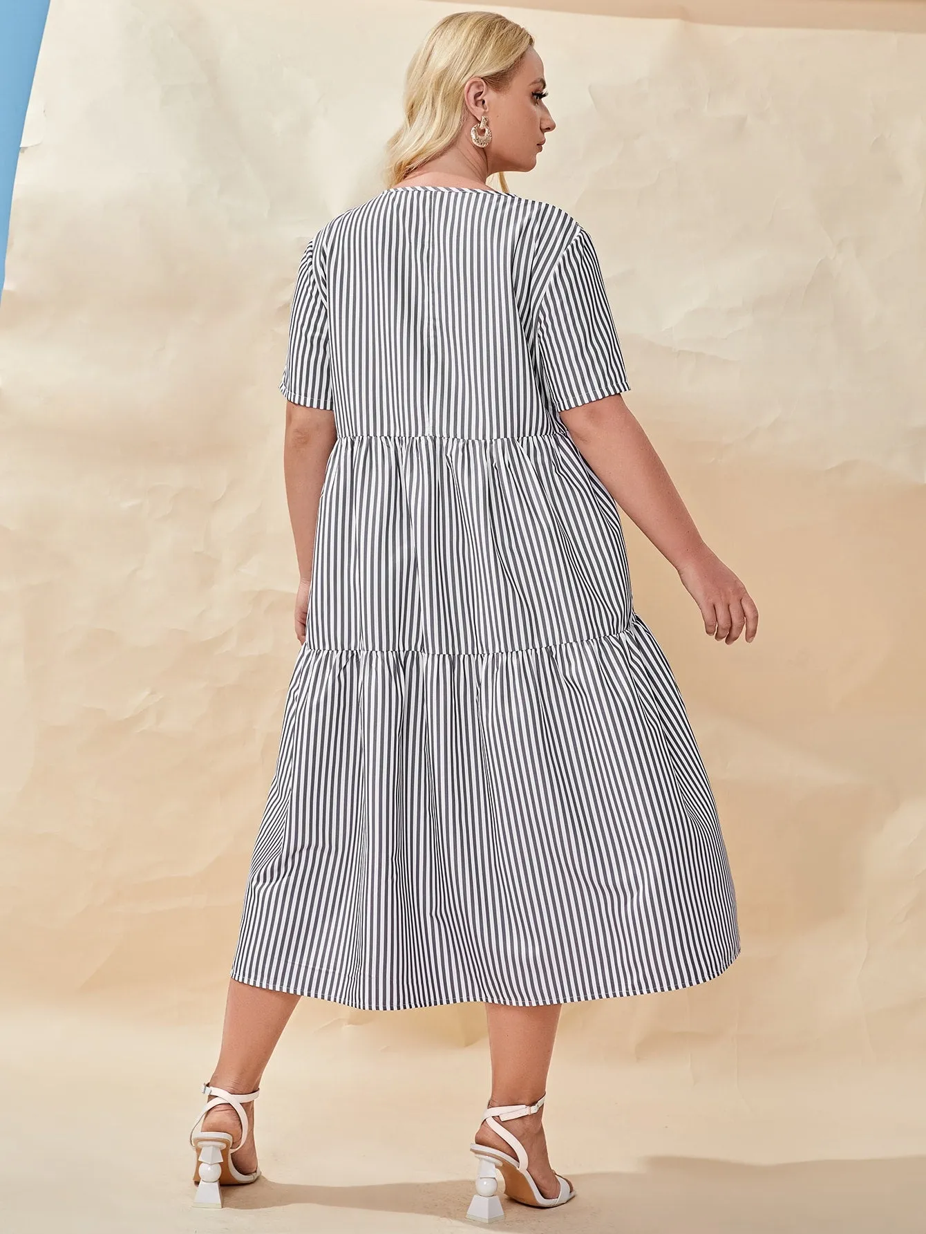 Casual Striped Ruffle Hem Short Sleeve Round Neck Flounce High Waist Long Plus Size Dress