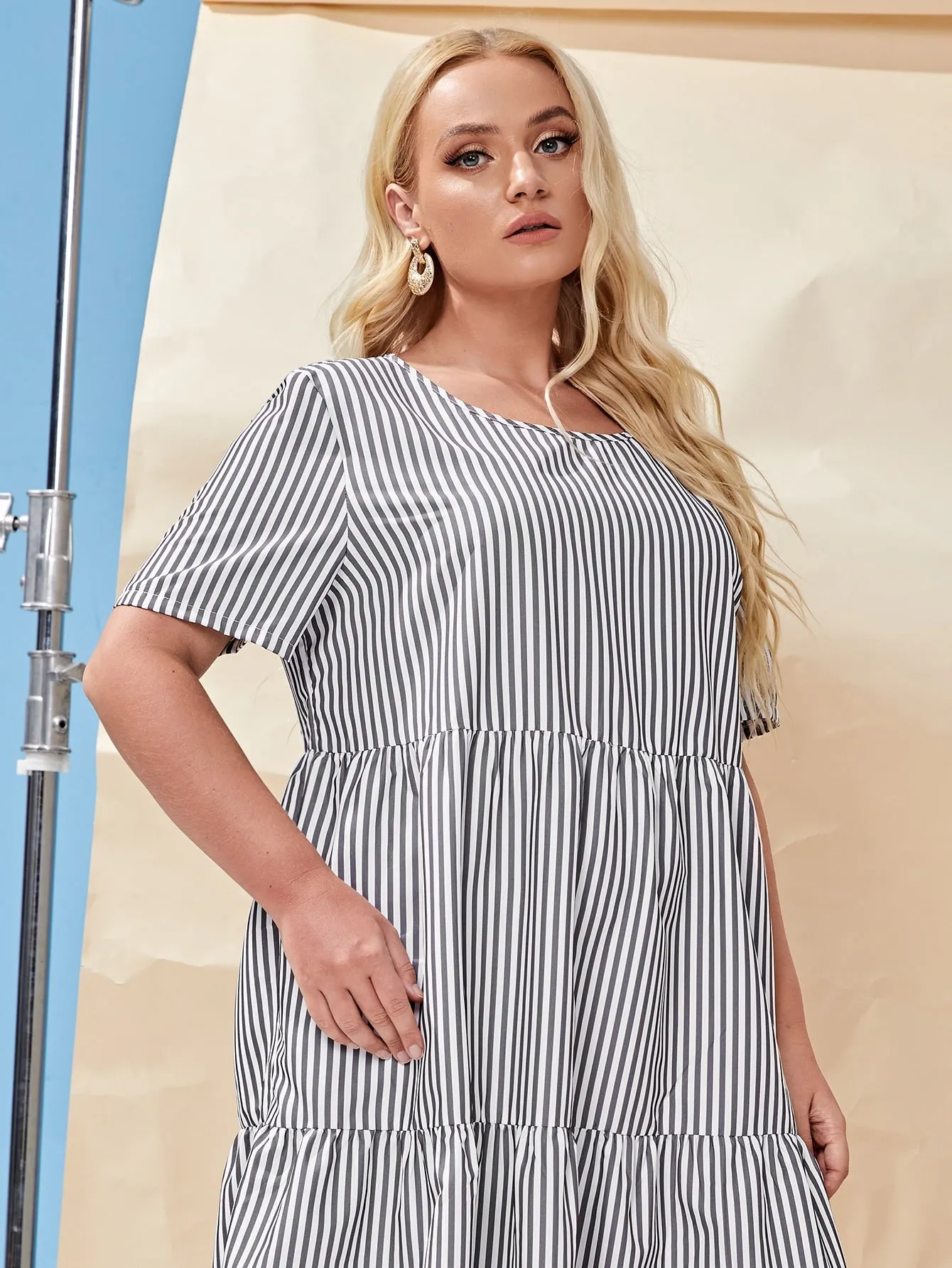 Casual Striped Ruffle Hem Short Sleeve Round Neck Flounce High Waist Long Plus Size Dress
