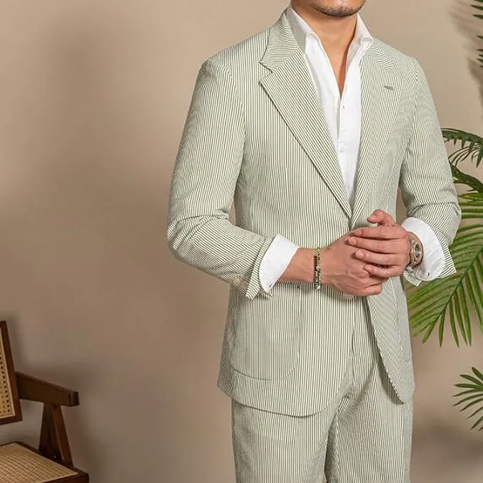 Casual Summer Lightweight Seersucker Suit Shorts Mens Set