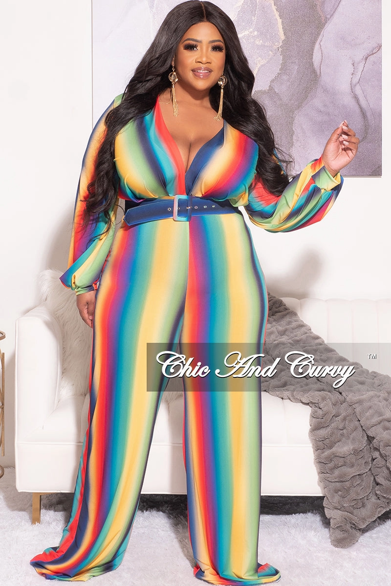 Final Sale Plus Size Long Sleeve Deep V Belted Wide Leg Jumpsuit in Rainbow Print Cozy And Stylish