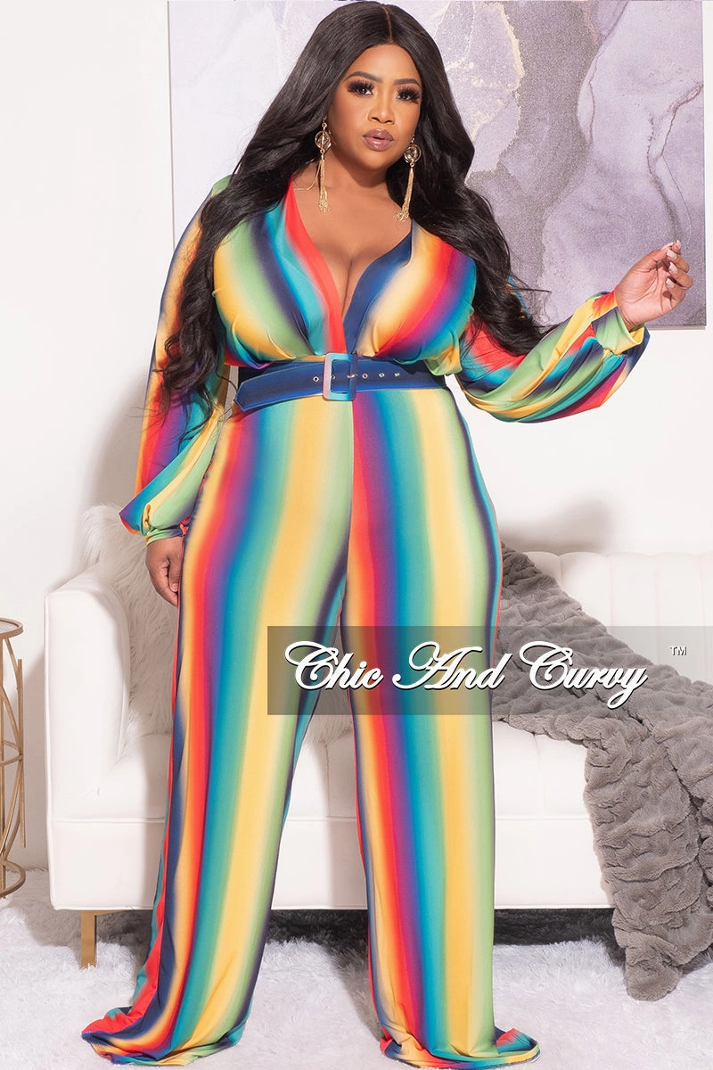 Chilly Weather Fit Casual Wearable Final Sale Plus Size Long Sleeve Deep V Belted Wide Leg Jumpsuit in Rainbow Print