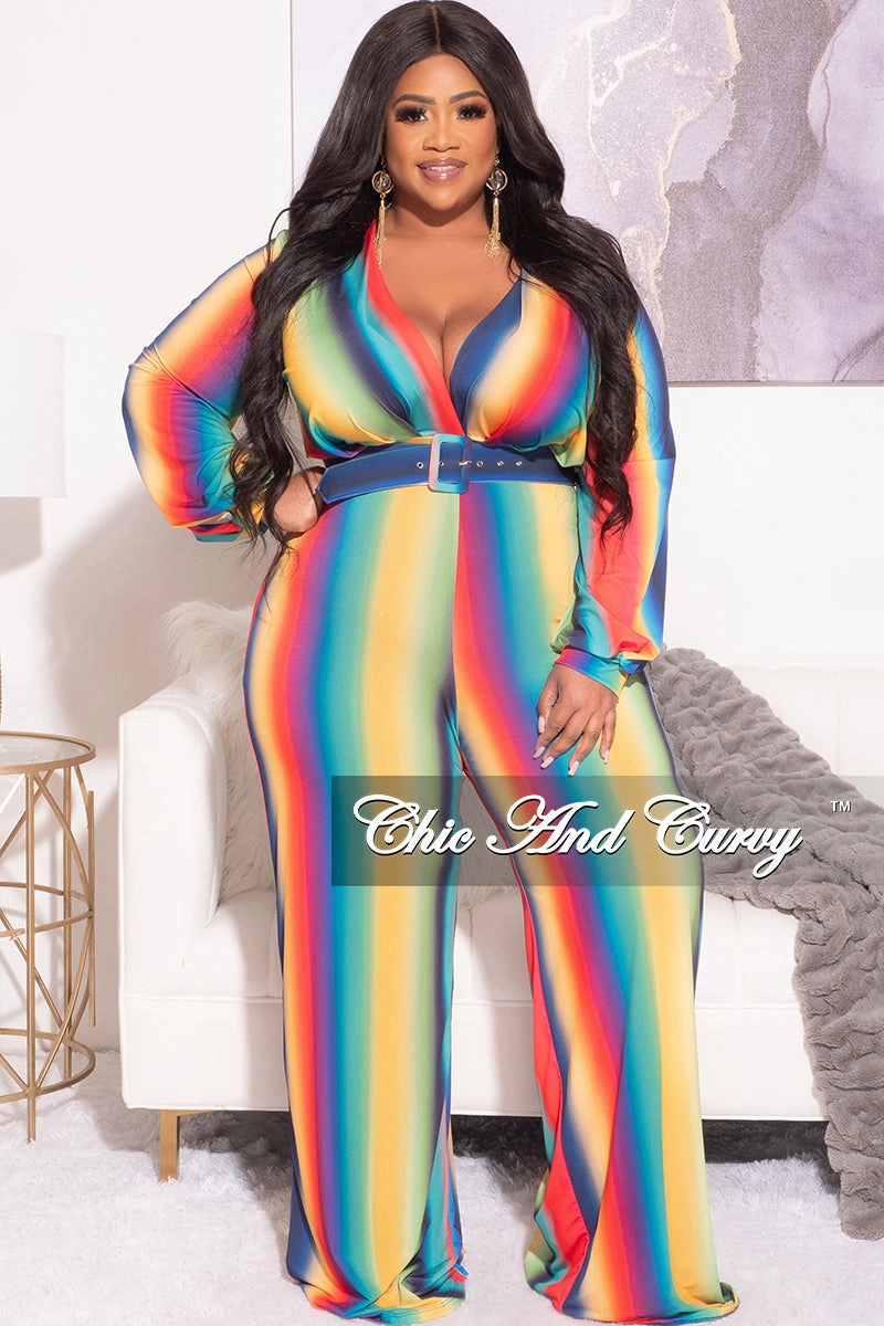 Agile Fit Final Sale Plus Size Long Sleeve Deep V Belted Wide Leg Jumpsuit in Rainbow Print