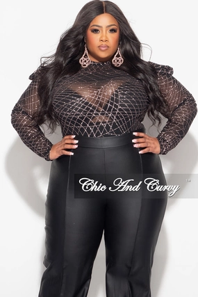 Stretchable Comfort Final Sale Plus Size Glitter Mesh Bodysuit in Black and Gold (Bodysuit Only)