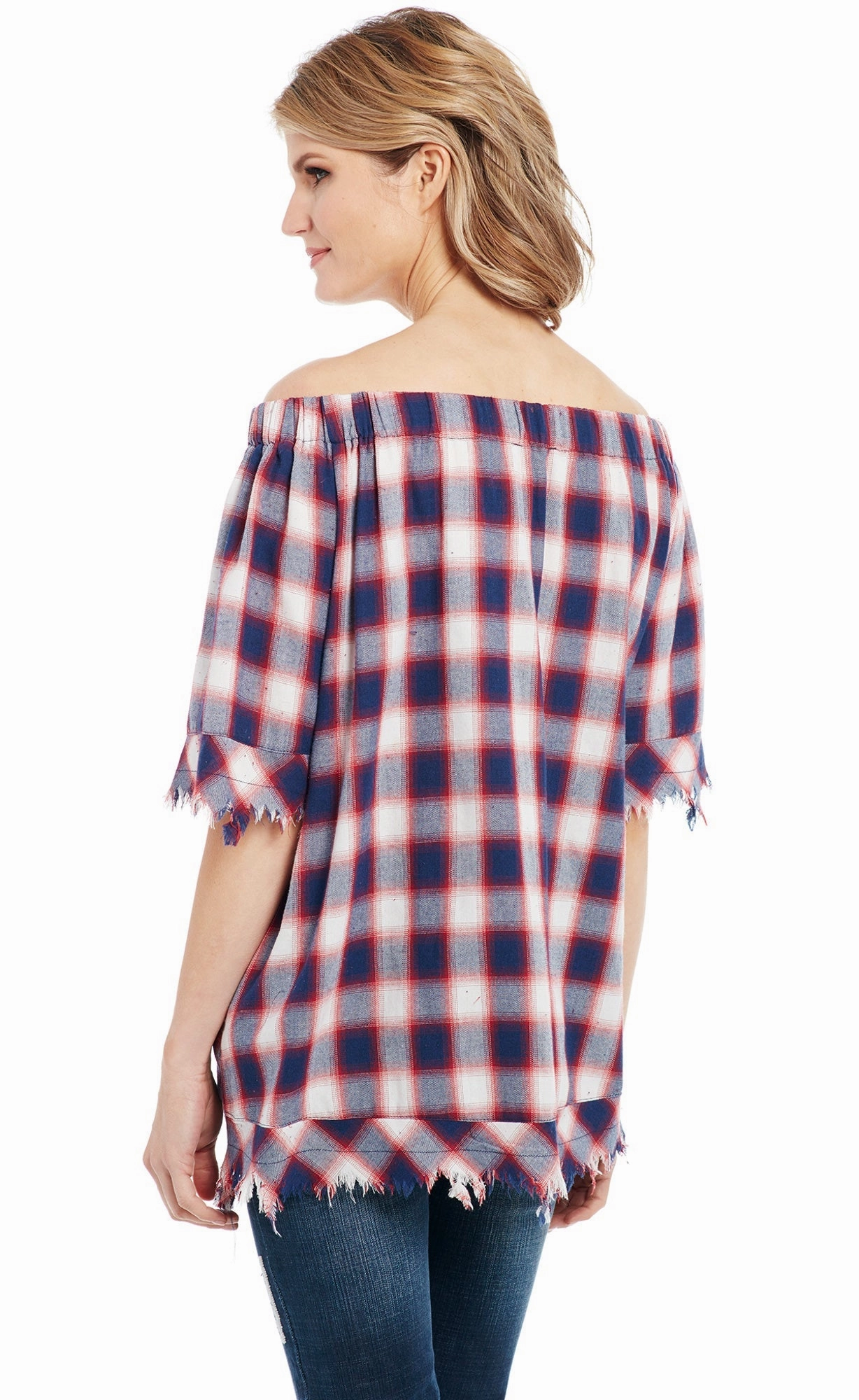 Smart Design Cowgirl Up Womens Red/Blue 100% Cotton Raw Edge Fringe Plaid Tunic S/S