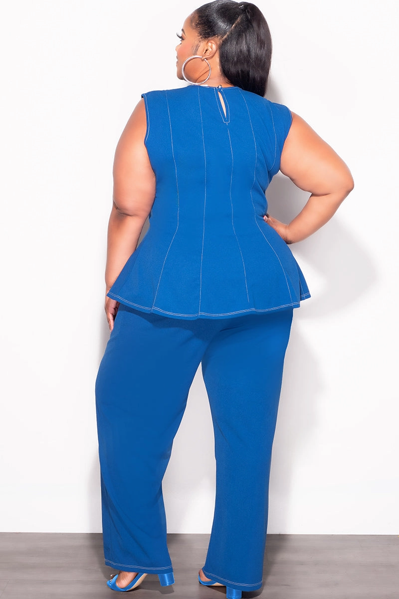 Final Sale Plus Size 2pc Peplum Top and Pants Set in Royal Blue Compression Support Lining UltraSoftLining