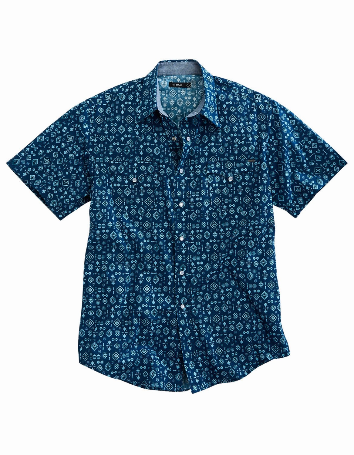Tin Haul Mens 1954 Indigo Aztec Blue 100% Cotton S/S Shirt Athletic Look